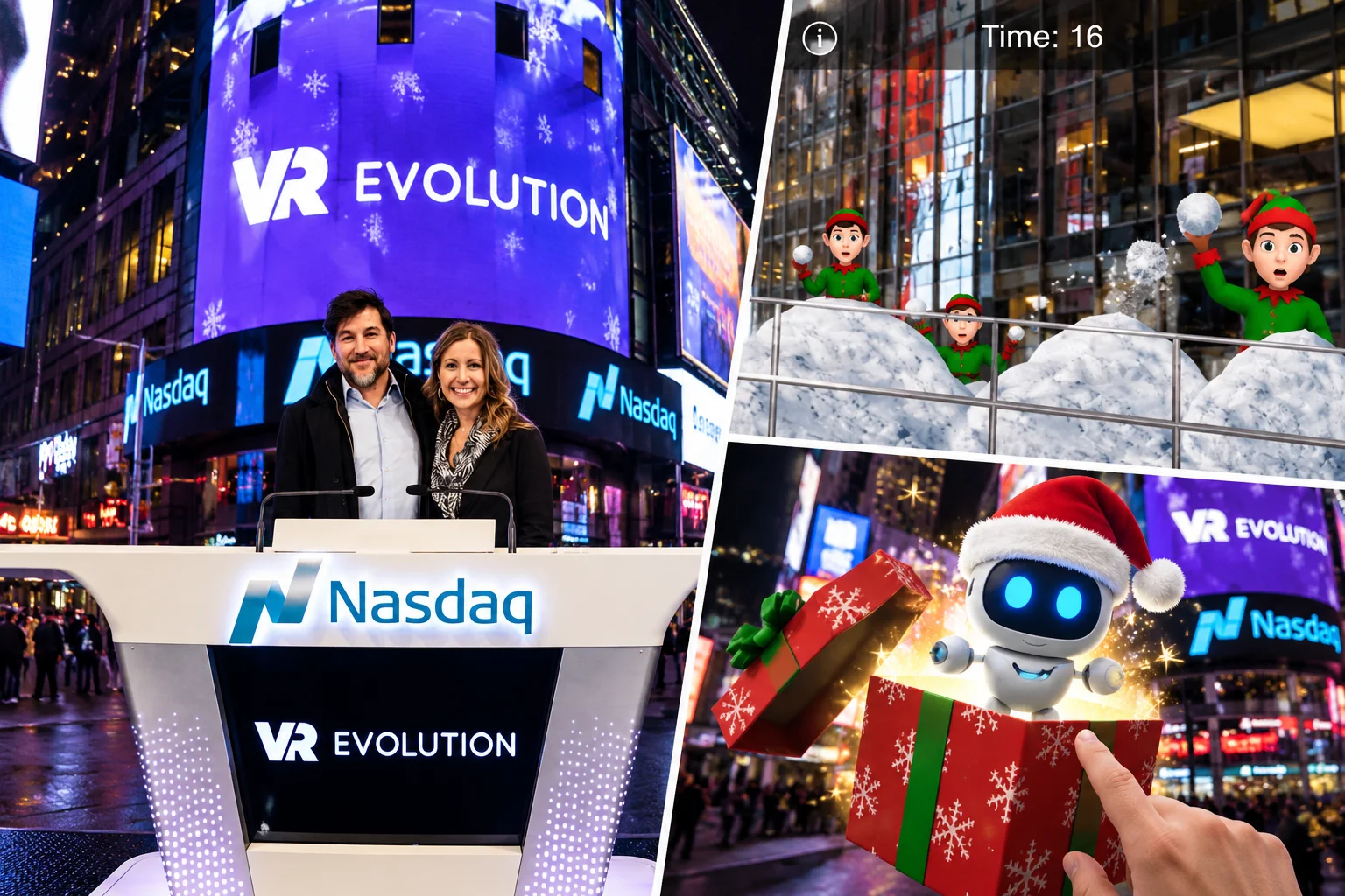 QuestUpon at the 2016 Nasdaq VR Evolution celebration in New York City, featuring the Nasdaq podium, augmented reality elves, and a festive QuestBot