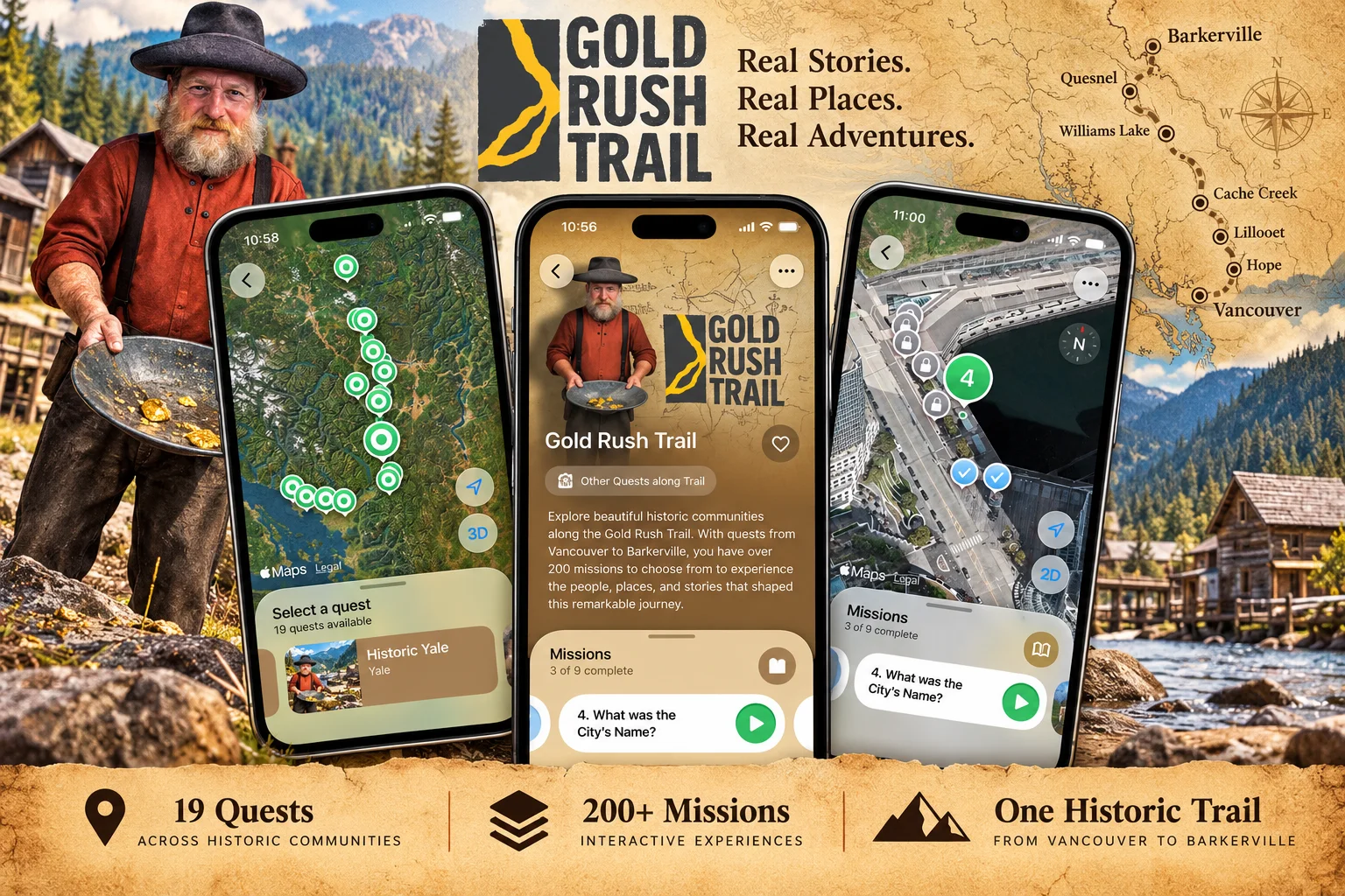 Gold Rush Trail QuestUpon experience showing regional quest locations, interactive historical missions, and gold rush storytelling from Vancouver to Barkerville