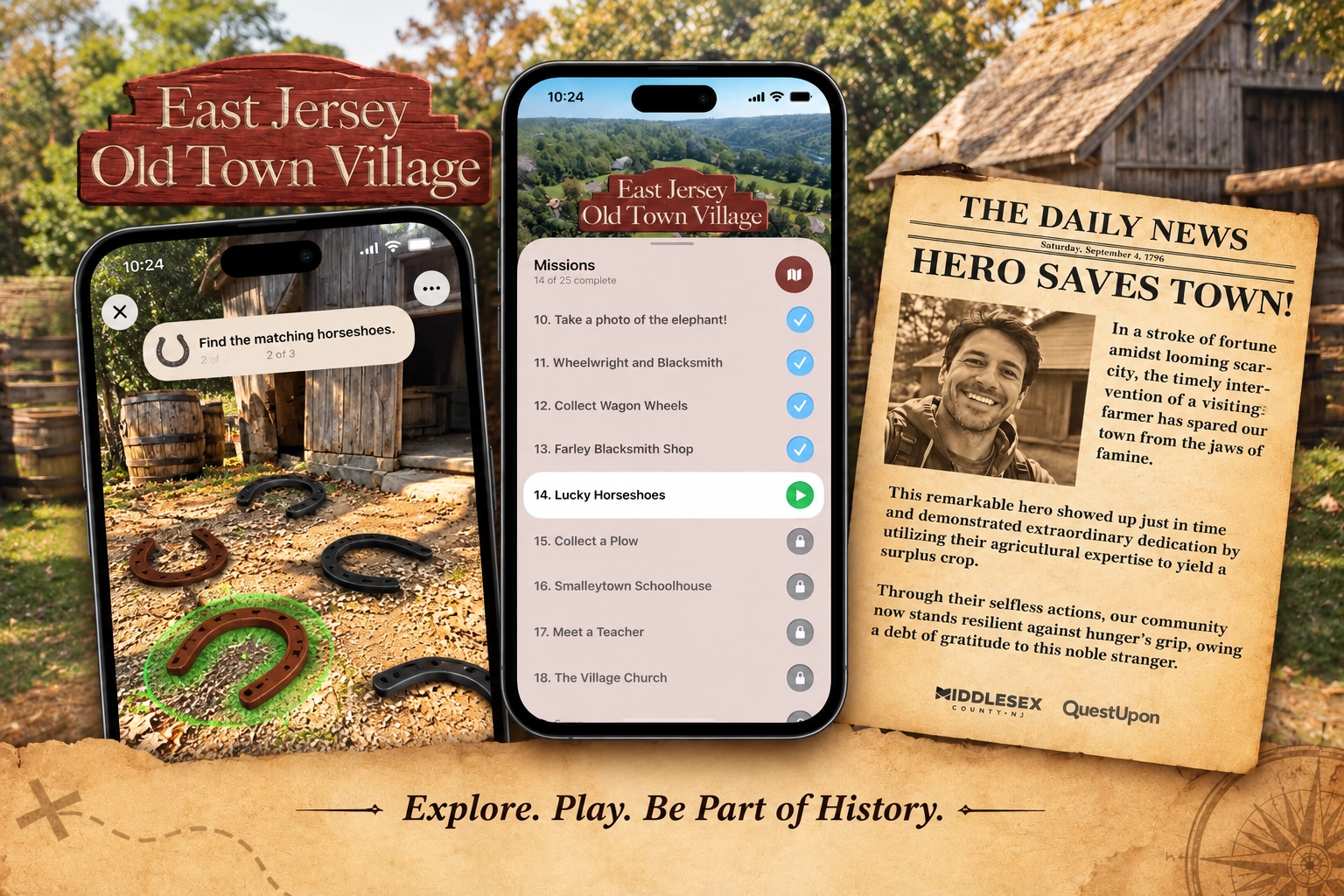 East Jersey Old Town Village QuestUpon experience showing augmented reality horseshoes, interactive missions, and a personalized historical newspaper