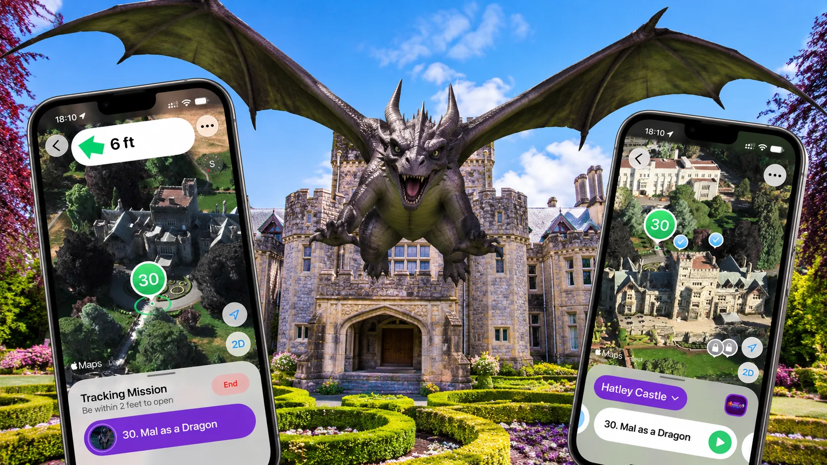 Disney’s Descendants 3 QuestUpon experience featuring Mal as a flying dragon at Hatley Castle, with interactive mission screens