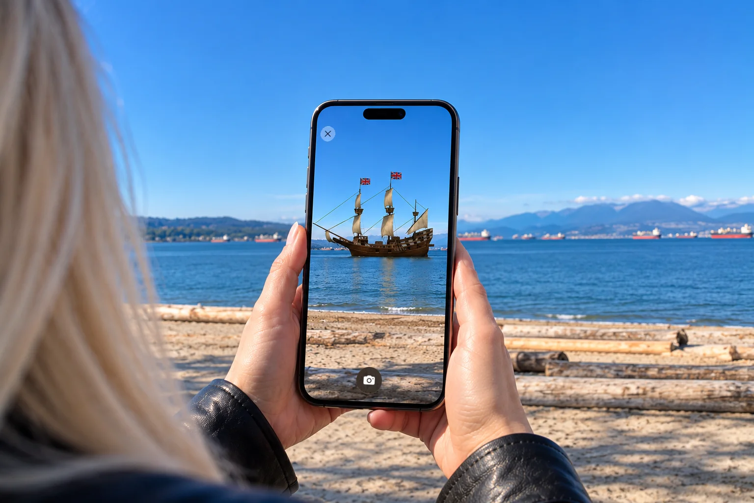 QuestUpon augmented reality experience featuring HMS Discovery appearing over the waters of English Bay in Vancouver