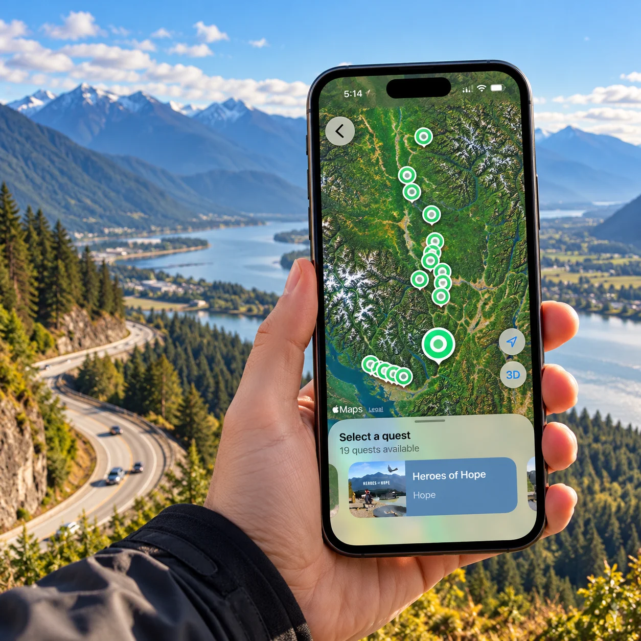 QuestUpon Gold Rush Trail interactive tourism map showing quests connecting historic communities across British Columbia