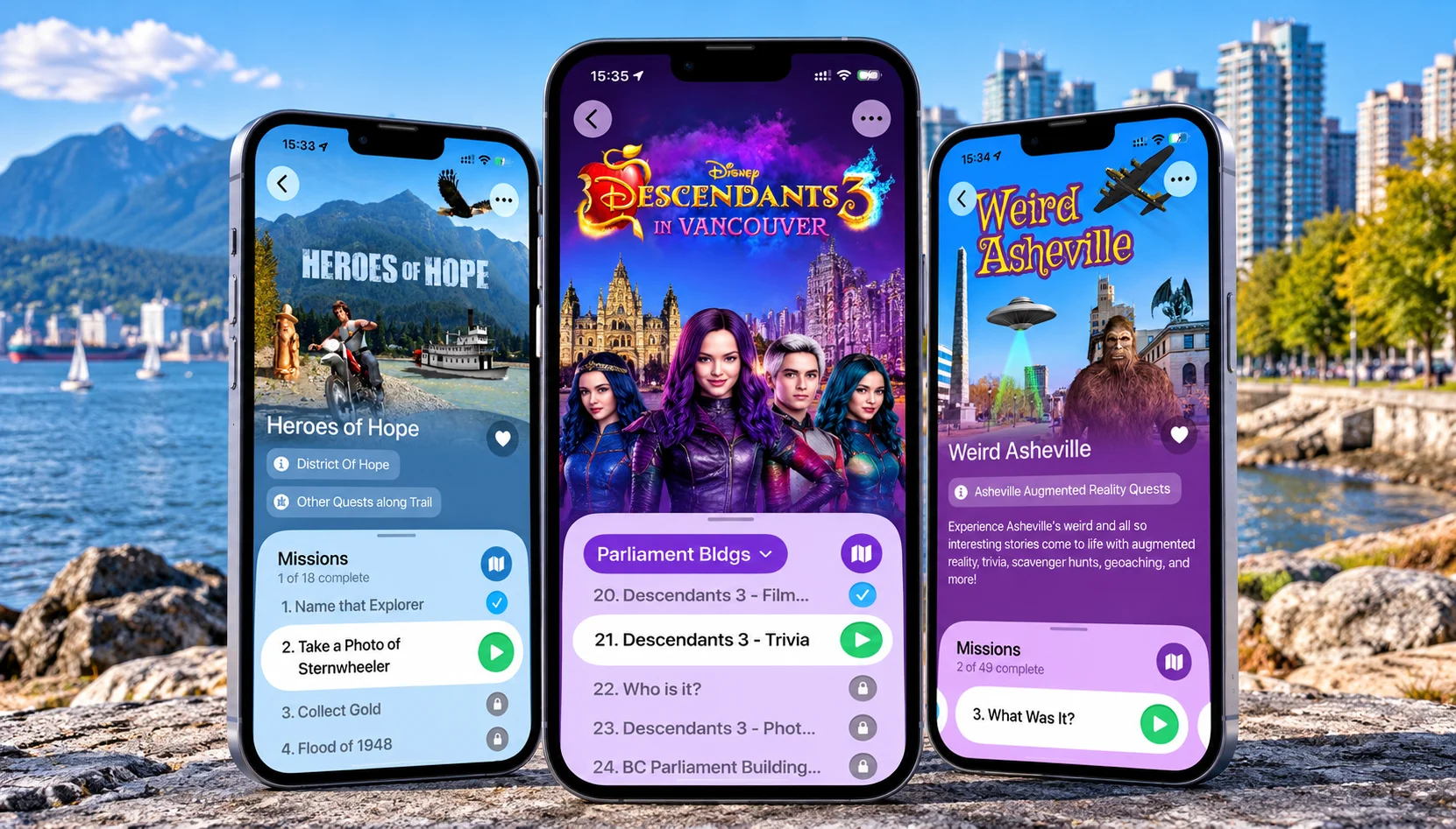 QuestUpon interactive tourism experiences featuring Heroes of Hope, Disney’s Descendants 3, and Weird Asheville on mobile devices against a Vancouver waterfront backdrop